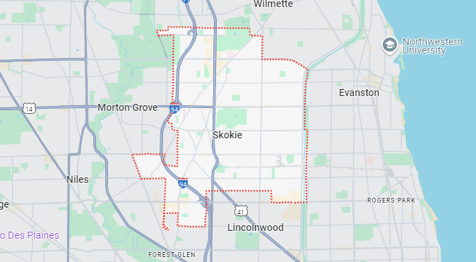 Skokie, IL location on a map.