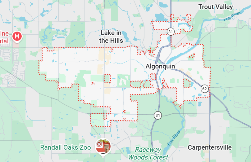 Champion Roofing's Algonquin, IL service area on a map.