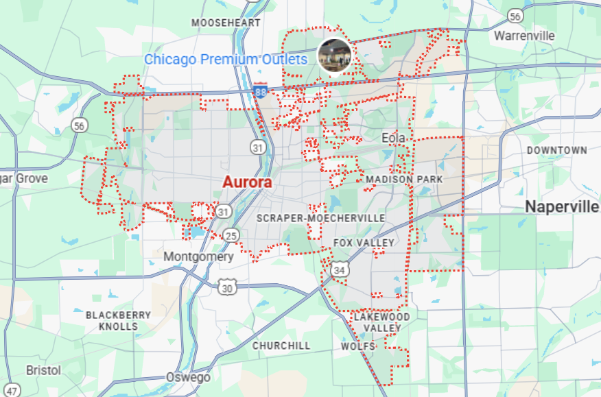 Map of Aurora, IL city boundaries.