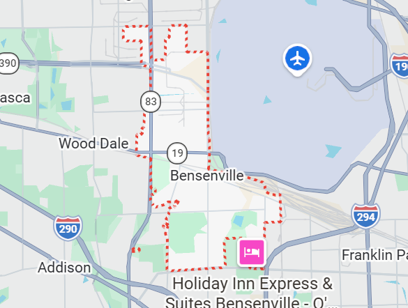 Champion Roofing's Bensenville, IL service area on a map.
