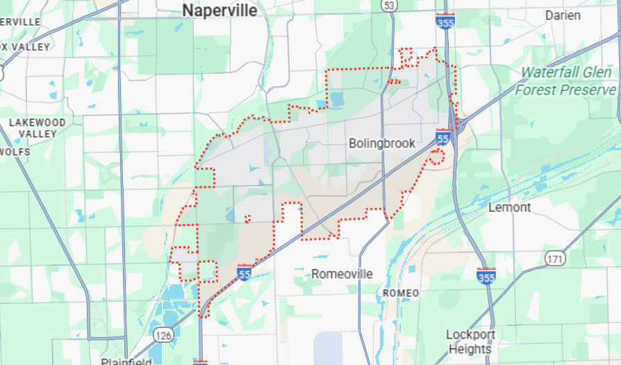 Map of Bolingbrook, IL city boundaries.