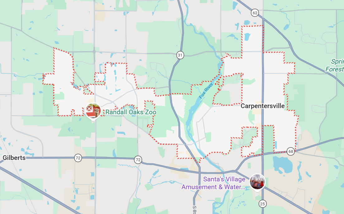 Champion Roofing's Carpentersville, IL service area on a map.