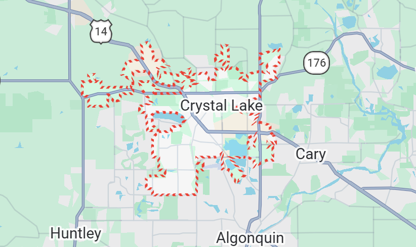 Champion Roofing's Crystal Lake, IL service area on a map.
