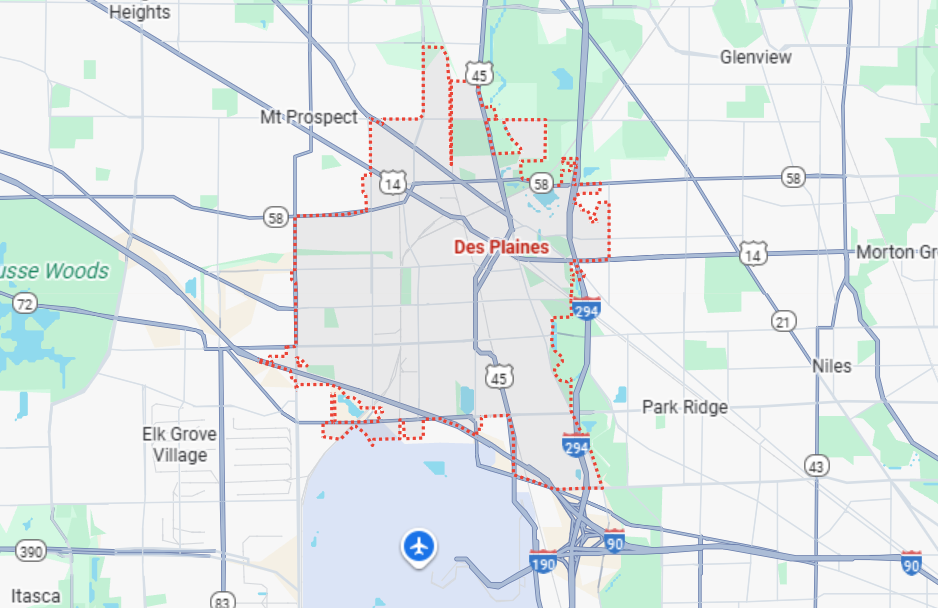Des Plaines, IL location on a map.