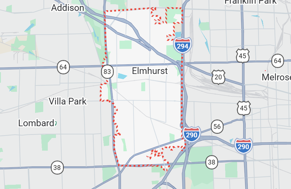 Champion Roofing's Elmhurst, IL service area on a map.