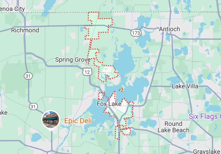 Champion Roofing's Fox Lake, IL service area on a map.
