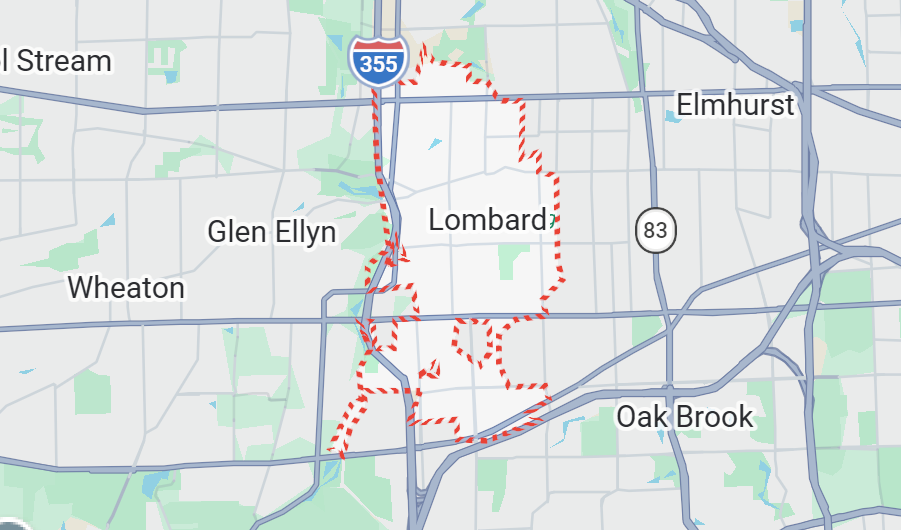 Champion Roofing's Lombard, IL service area on a map.