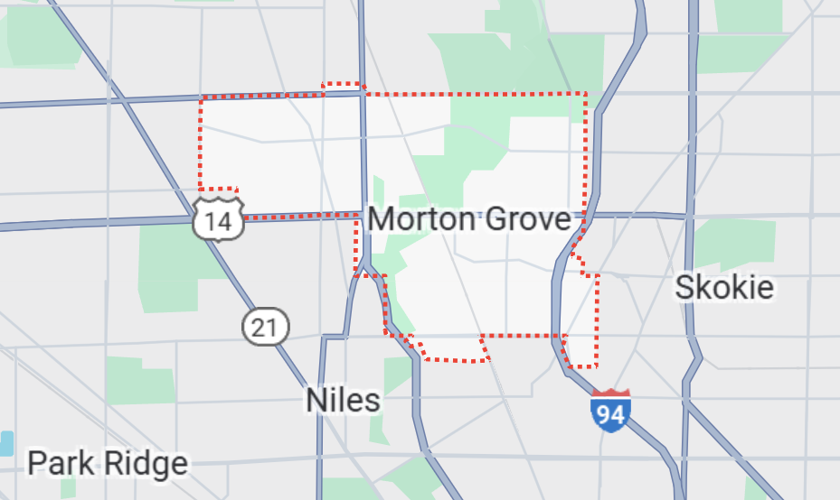 Champion Roofing's Morton Grove, IL service area on a map.