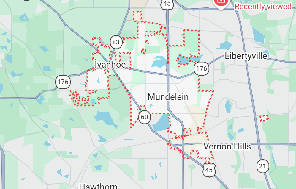 Champion Roofing's Mundelein, IL service area on a map.