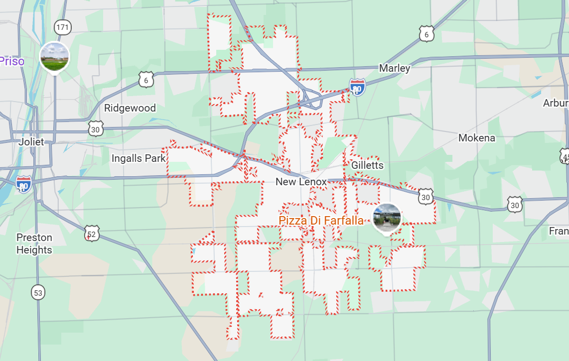 Champion Roofing's New Lenox, IL service area on a map.