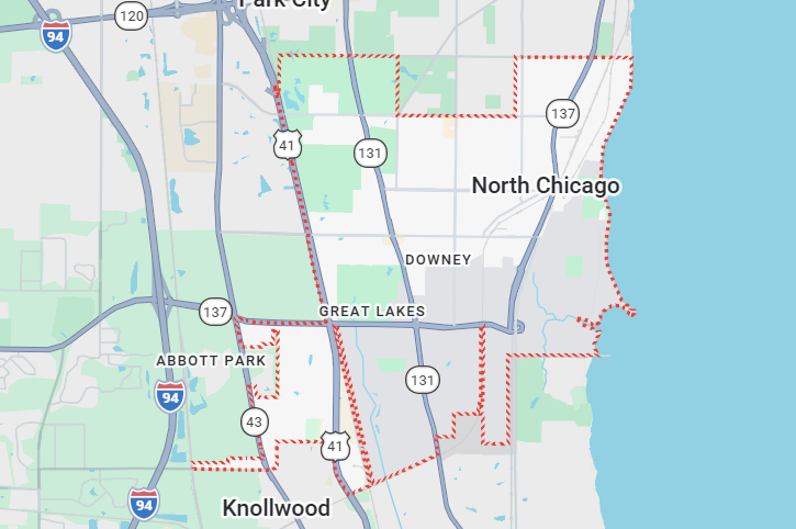 Champion Roofing service area on a map for North Chicago, IL.
