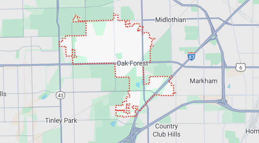 Champion Roofing's Oak Forest, IL service area on a map.