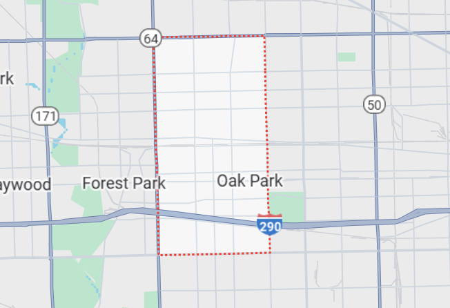 Champion Roofing's Oak Park, IL service area on a map.