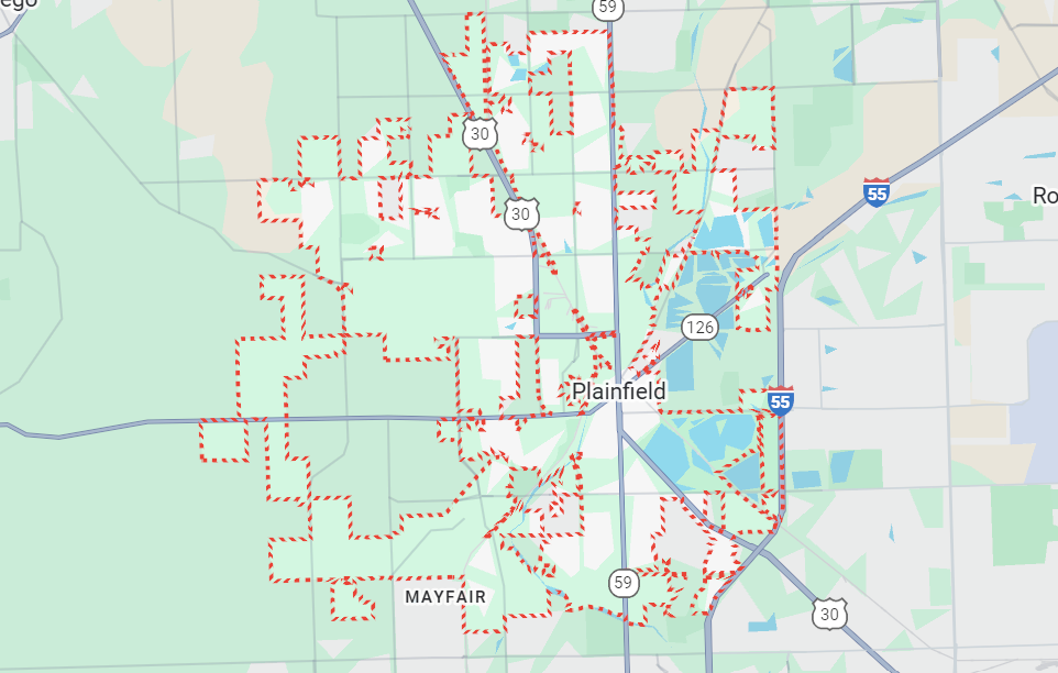 Champion Roofing's Plainfield, IL service area on a map.