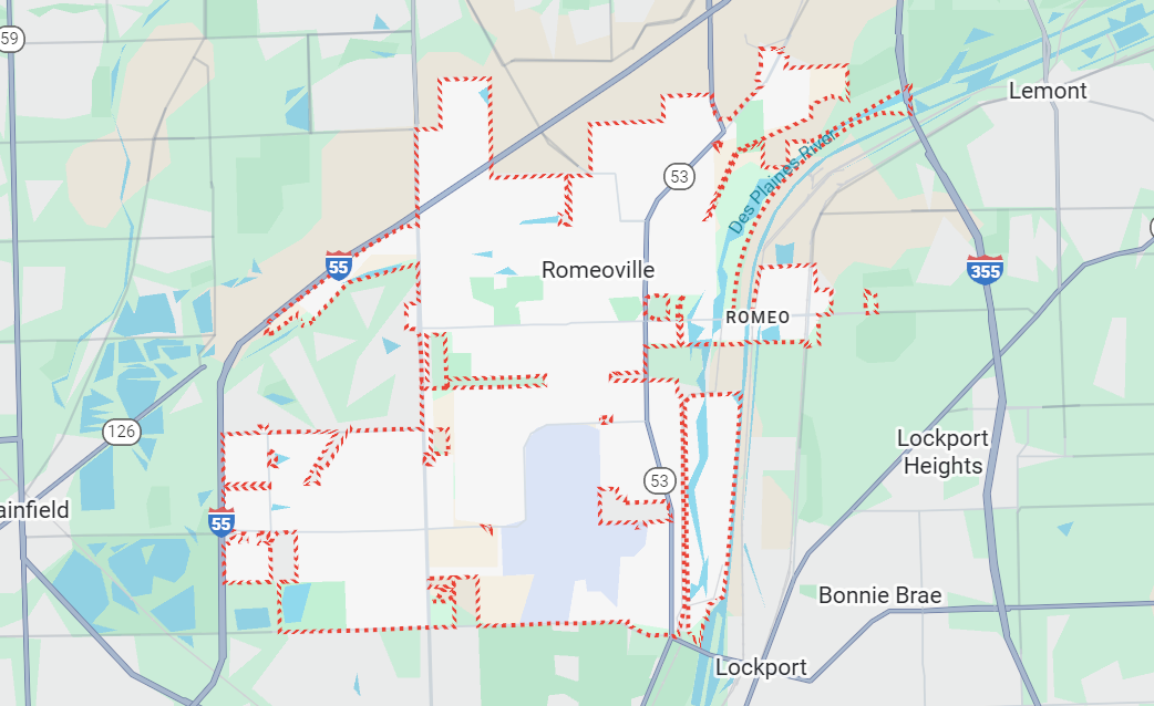 Romeoville, IL location on a map.