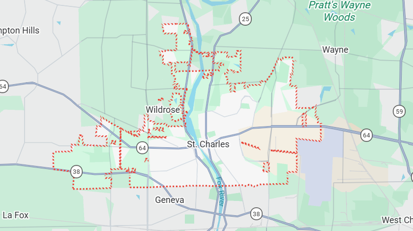 Champion Roofing's St. Charles, IL service area on a map.