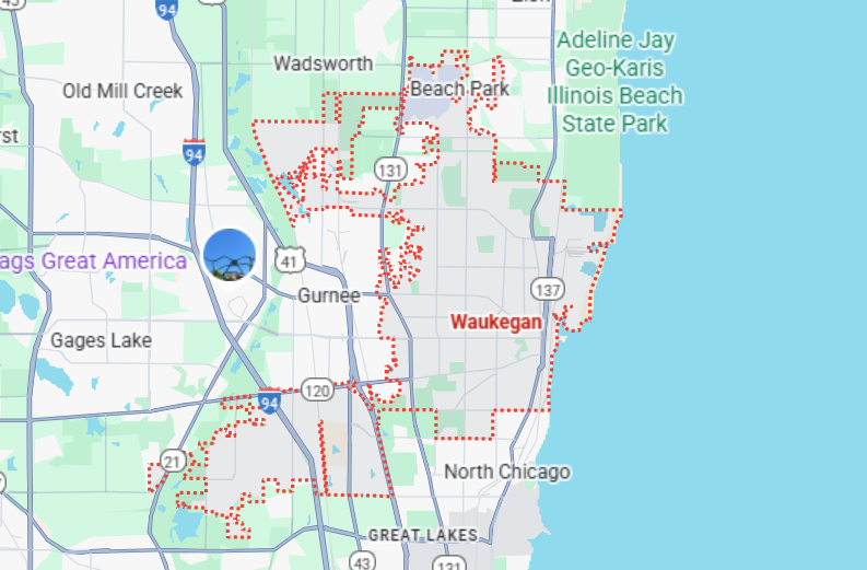 Map of Waukegan, IL city boundaries.