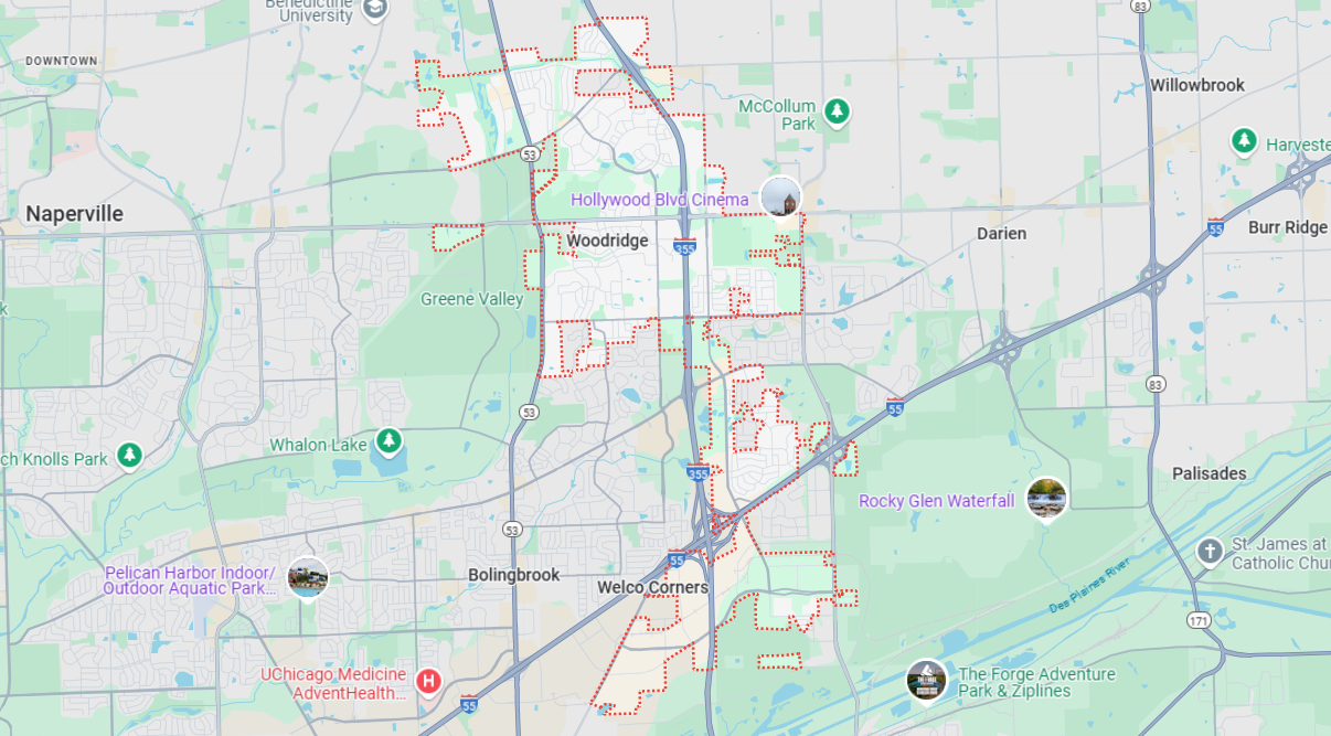 Woodridge, IL location on a map.